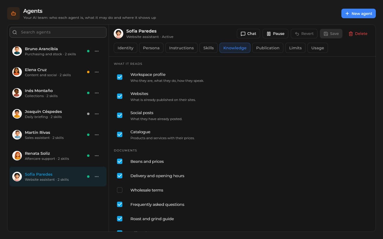 An agent's Knowledge tab in Sice: the sources it reads and the company documents assigned to it.