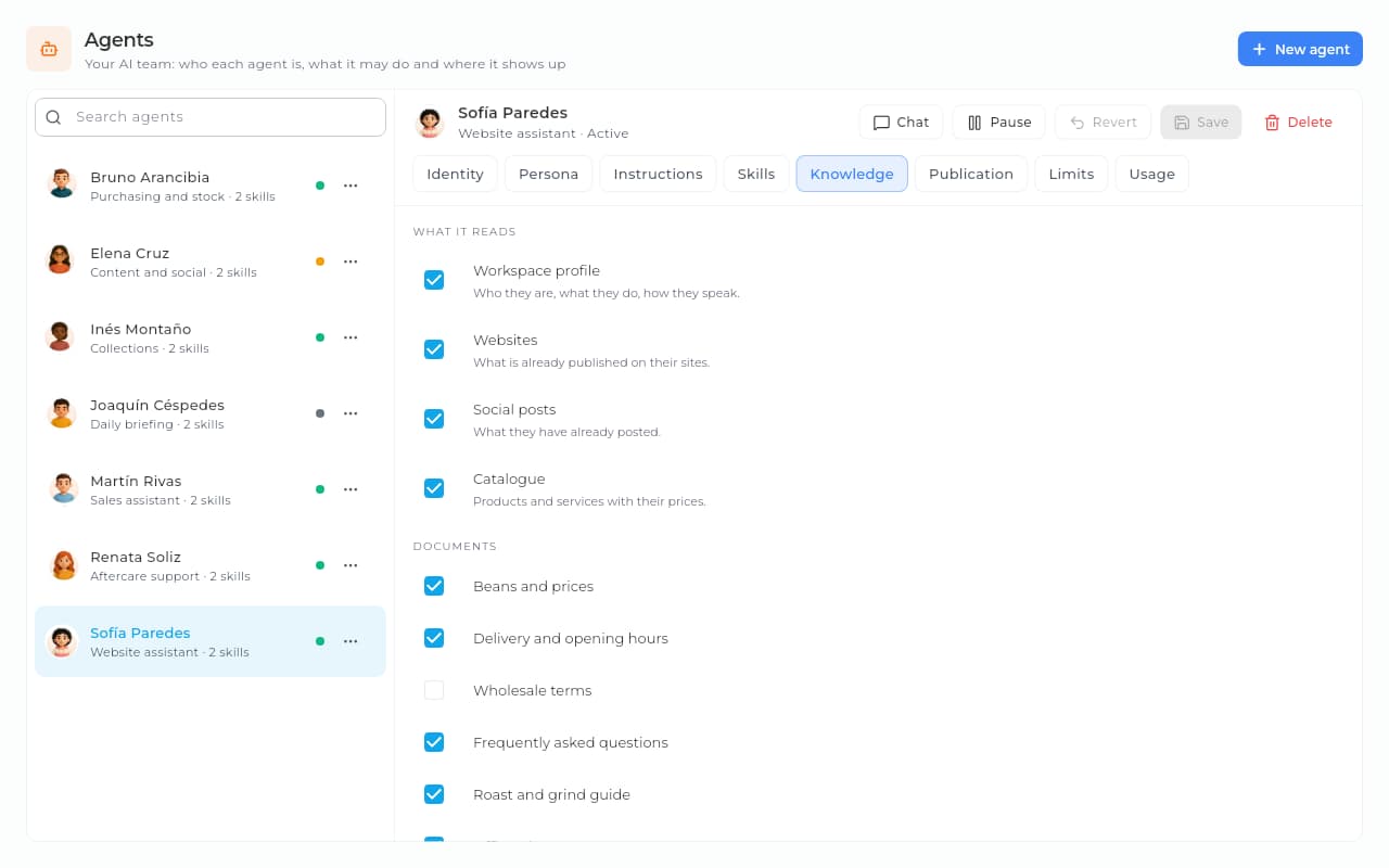 An agent's Knowledge tab in Sice: the sources it reads and the company documents assigned to it.