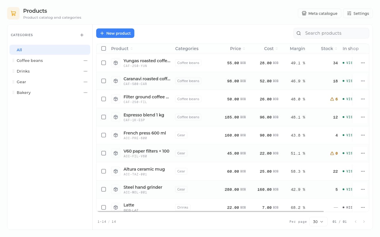 Product catalog in Sice Commerce with SKU, category, price, cost, margin and stock.