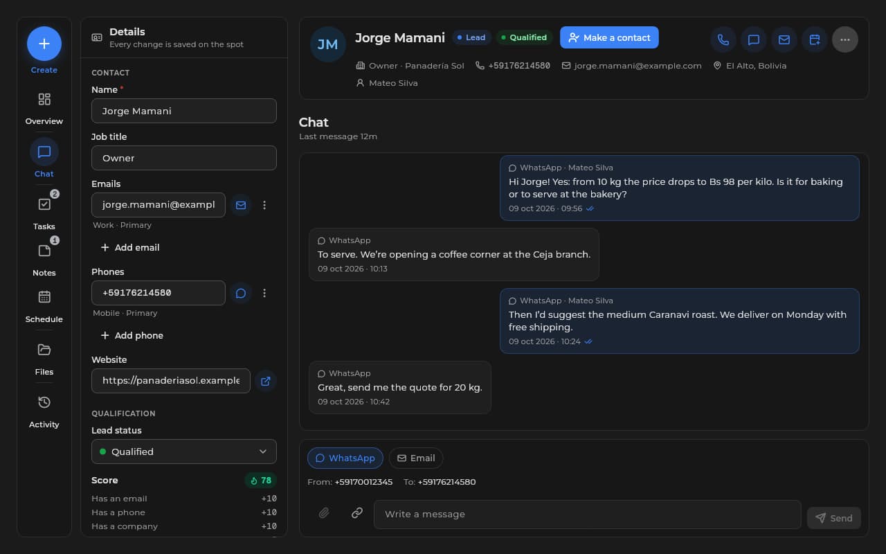 WhatsApp chat inside a contact's record in the Sice CRM, with their score and activity history.