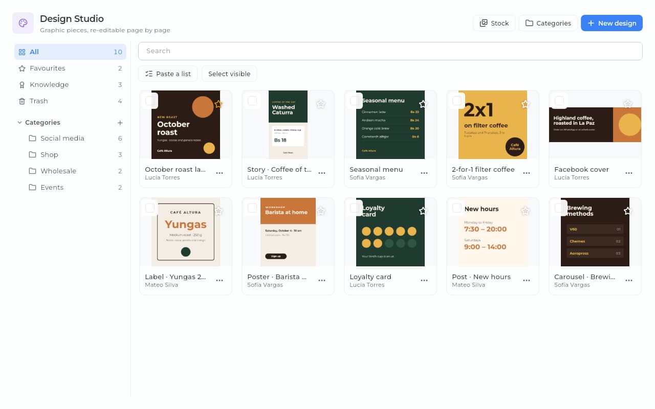 Design Studio gallery in Sice with posts, stories, posters and labels for a coffee brand.