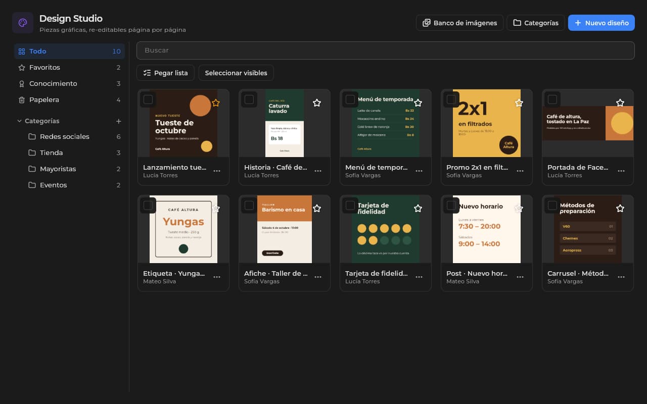 Galería de Design Studio en Sice con publicaciones, historias, afiches y etiquetas de una marca de café.