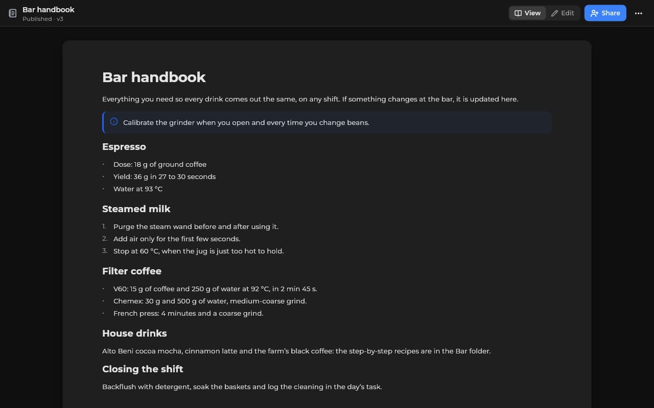 The “Bar handbook” document in Sice, on a clear sheet, with recipes and steps for the bar.