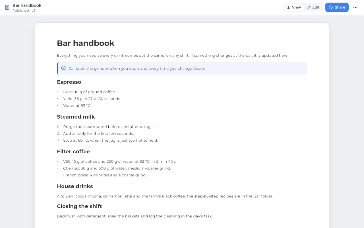 The “Bar handbook” document in Sice, on a clear sheet, with recipes and steps for the bar.