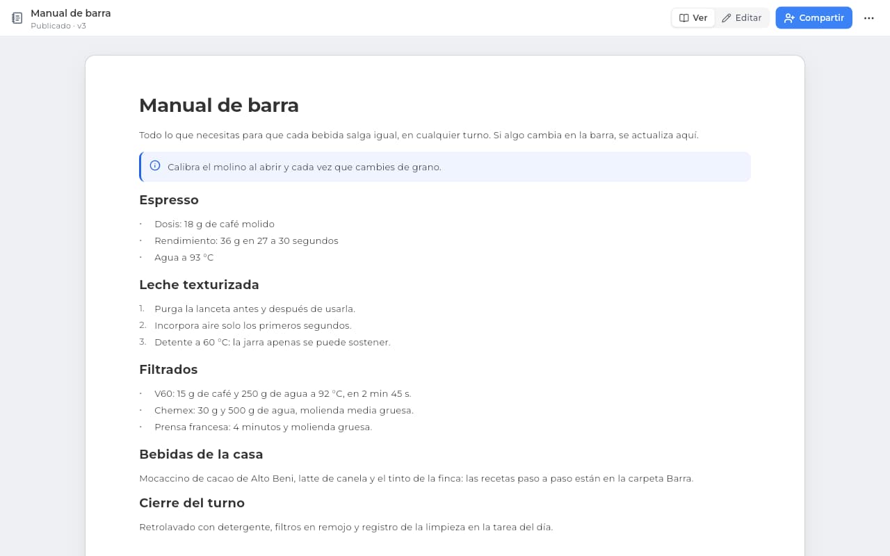 Documento «Manual de barra» en Sice, en una hoja clara, con recetas y pasos para la barra.