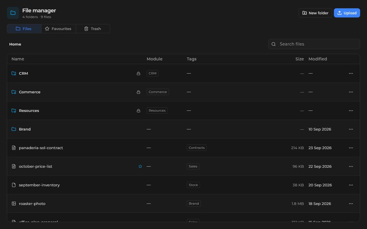 Sice file manager with each module's folders, contracts, price lists and images.