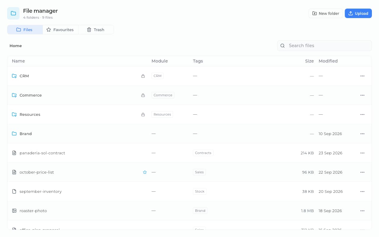 Sice file manager with each module's folders, contracts, price lists and images.