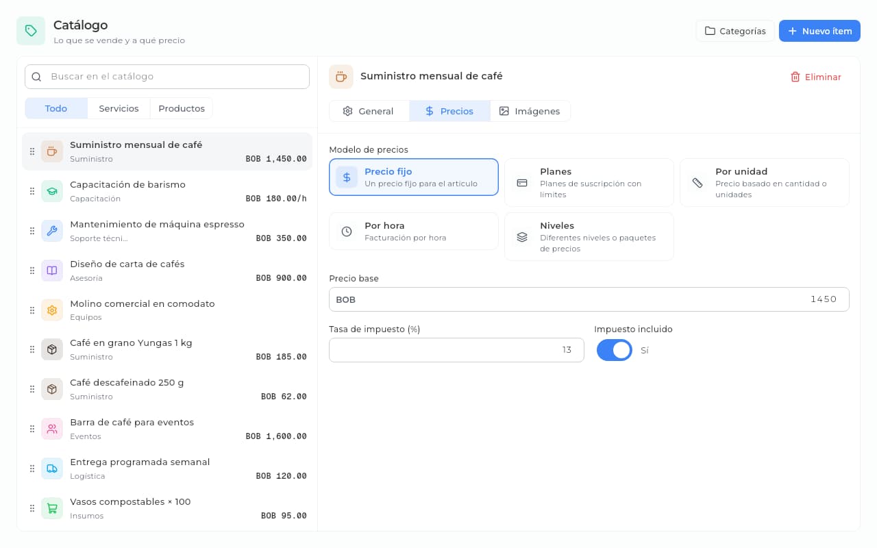 Catálogo de Ventas en Sice con un servicio abierto en su pestaña de precios: precio fijo con impuesto incluido.