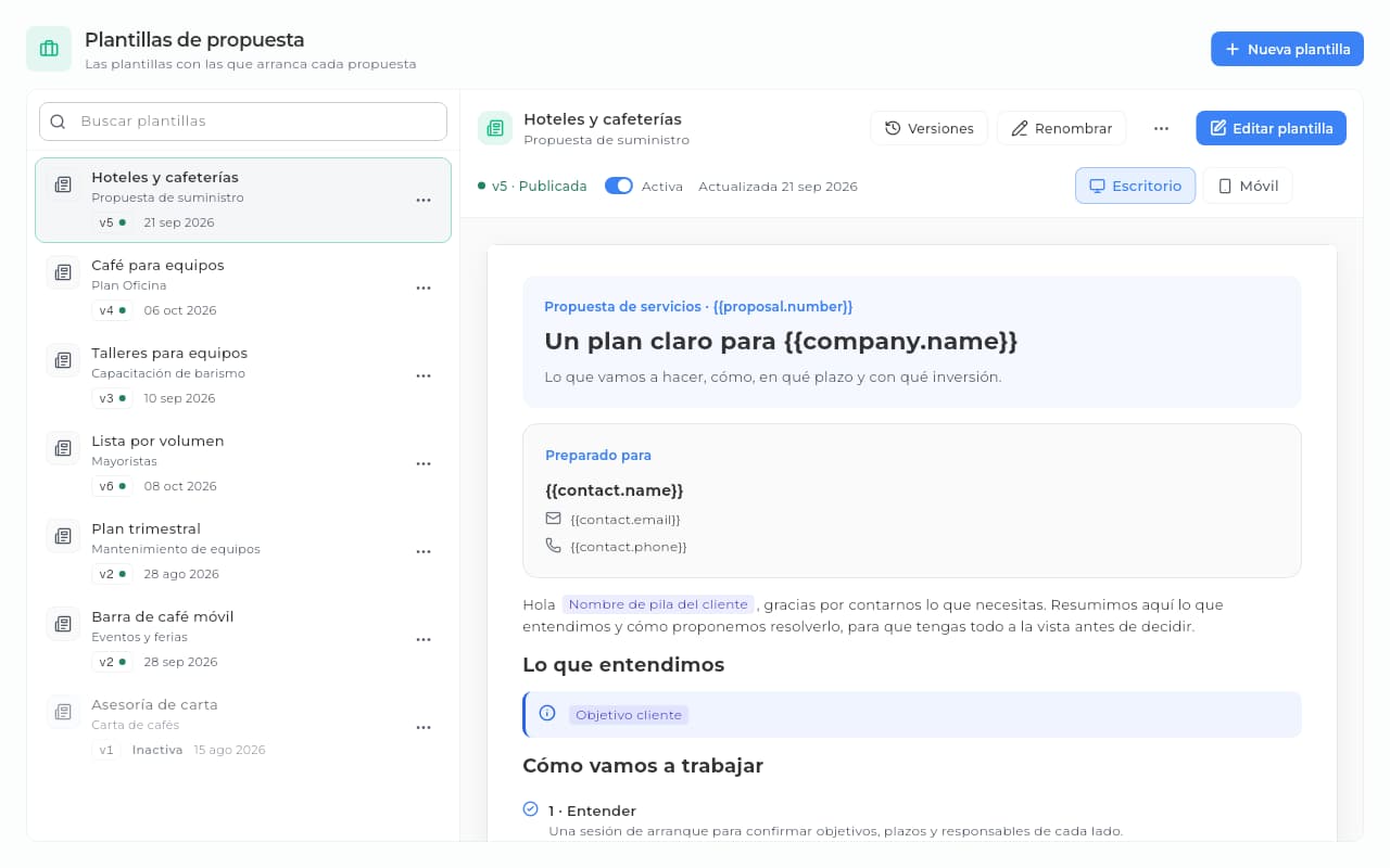 Plantillas de propuesta en Sice: la lista con su versión publicada y la vista previa de una plantilla del catálogo.
