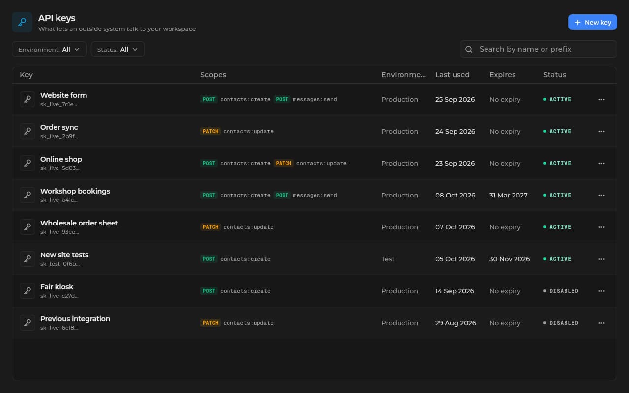 Sice API keys with their scopes, last use and status.
