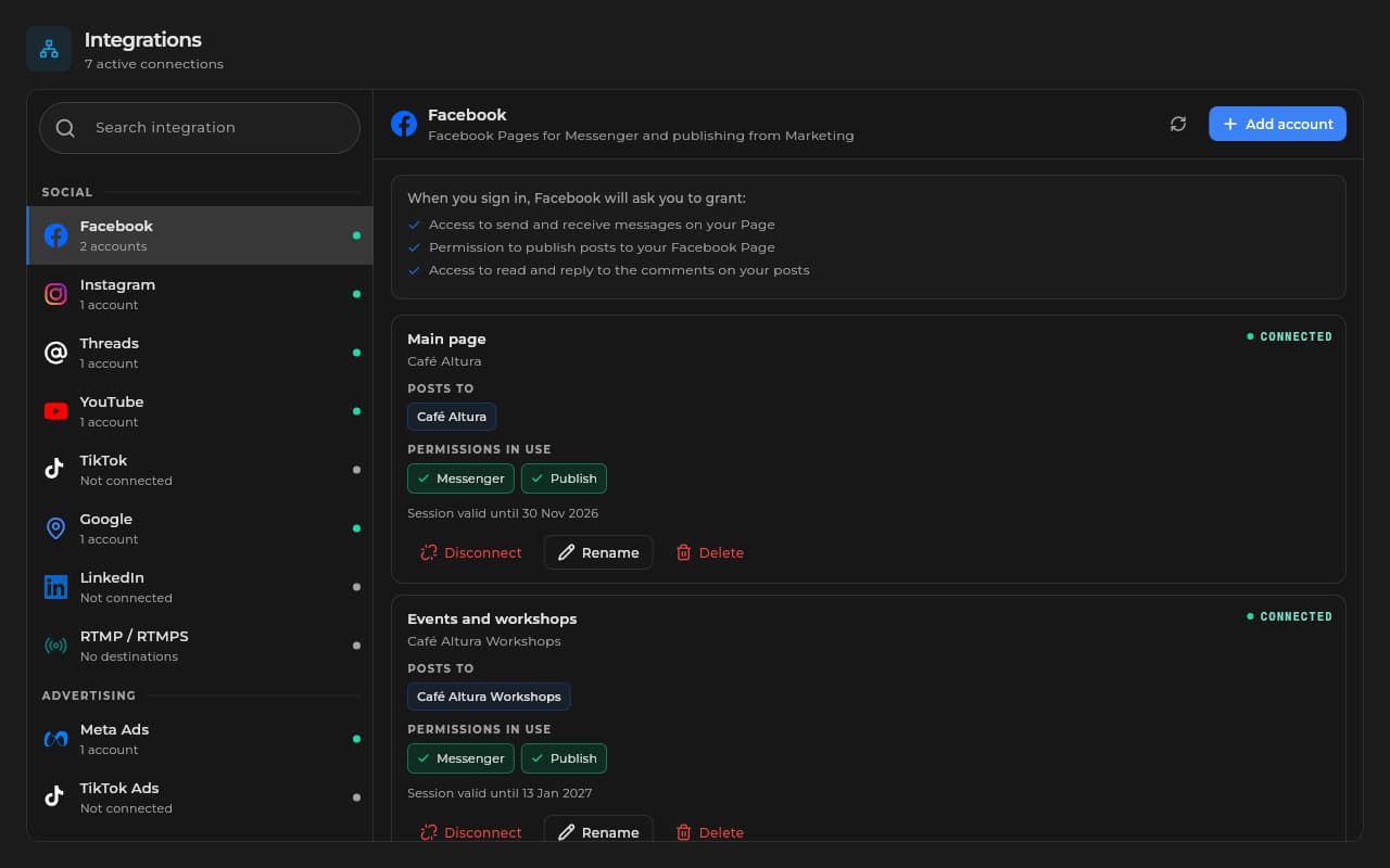Sice integrations with Facebook connected, its Messenger and publishing permissions, and the list of networks and channels.