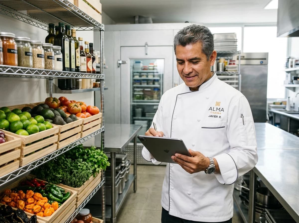 Head chef checking recipe costs and pantry inventory on a tablet in the prep kitchen