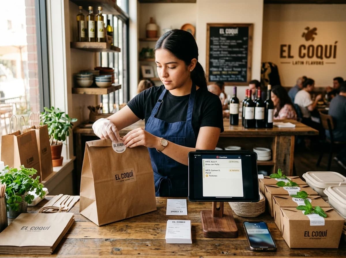 Staff member packing a direct takeaway and delivery order beside the counter POS terminal