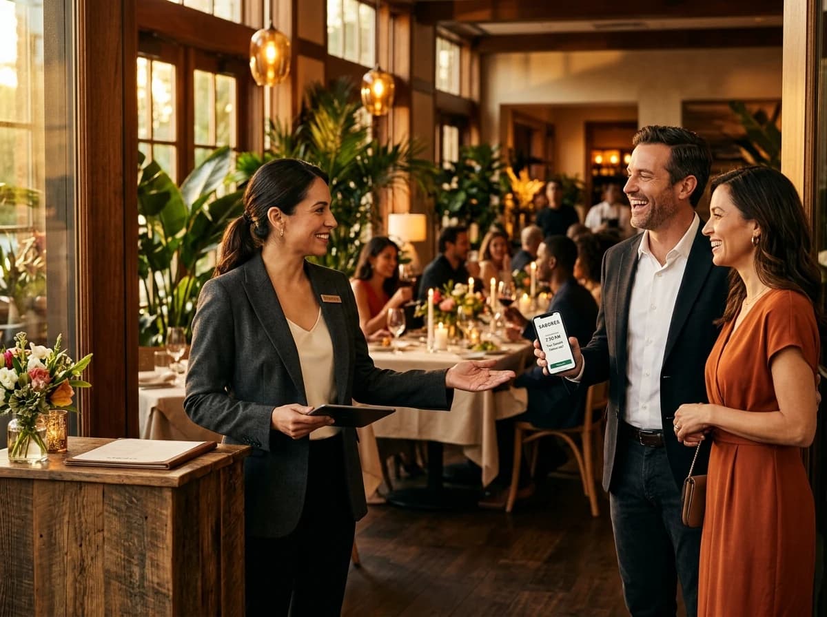 Restaurant host welcoming a returning couple with a confirmed table reservation