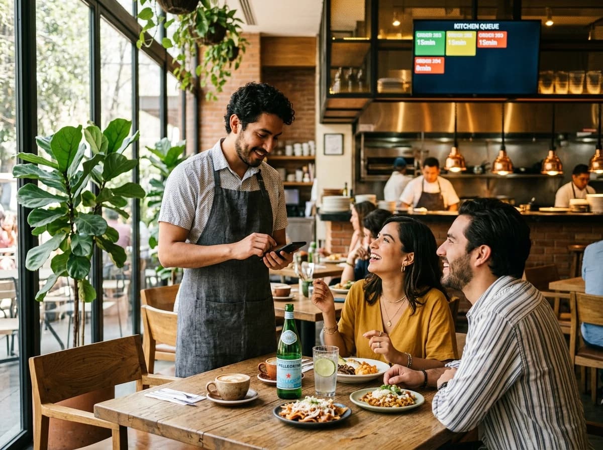 Server taking an order on a smartphone tableside with the KDS screen visible in the kitchen pass