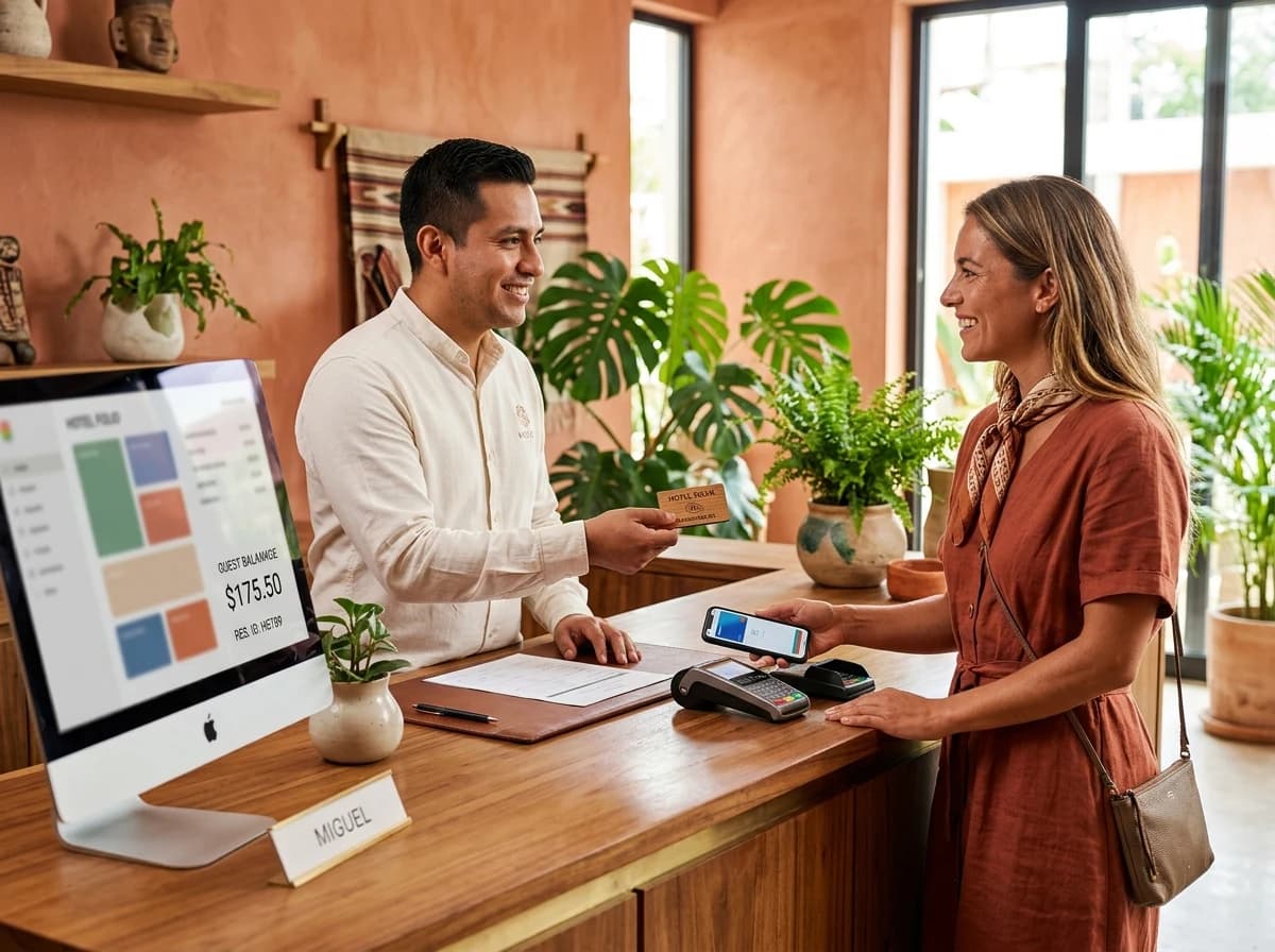 Boutique hotel receptionist handing a keycard and reviewing the room folio with a smiling guest
