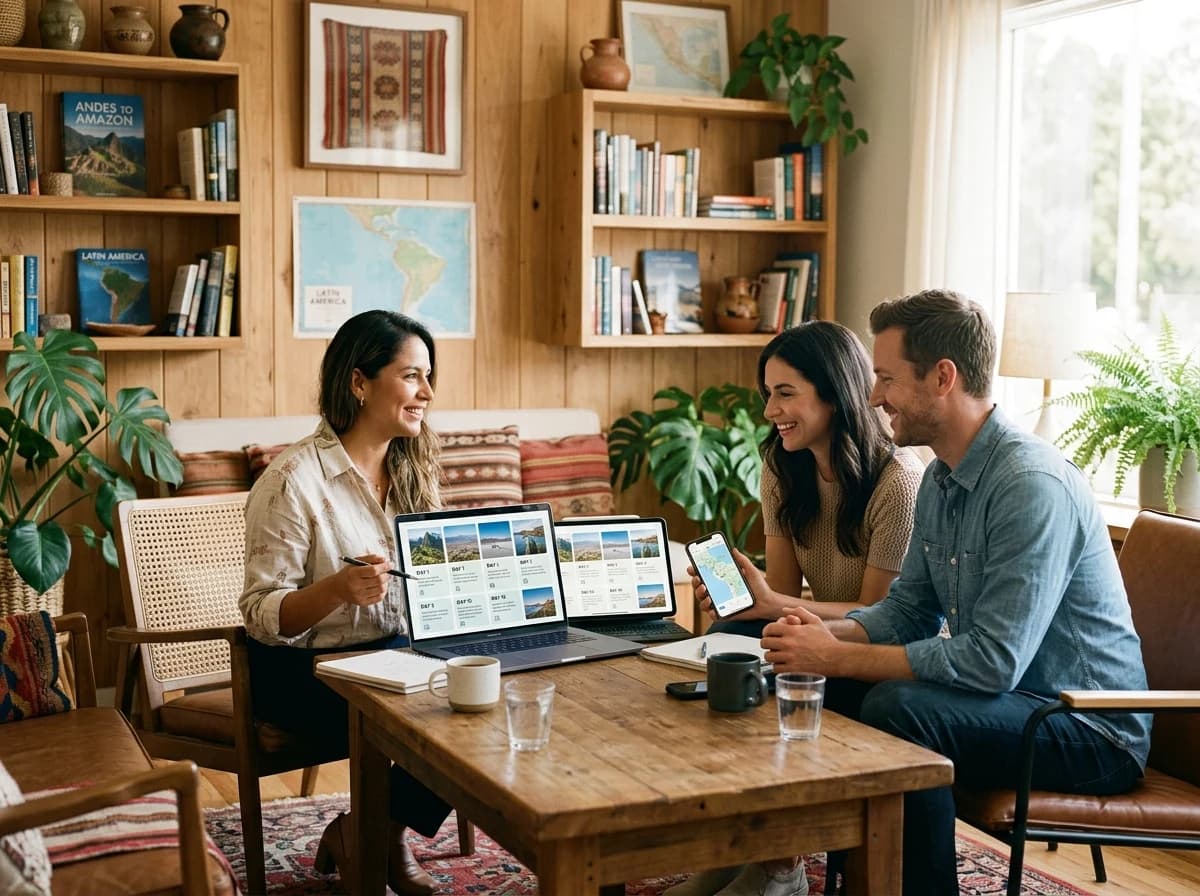 Travel designer presenting a custom trip itinerary on a laptop to a couple of travelers