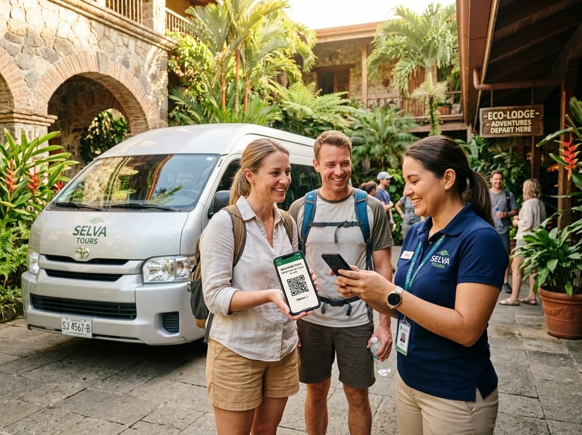 Tour guide checking passenger boarding on a smartphone beside a tour van