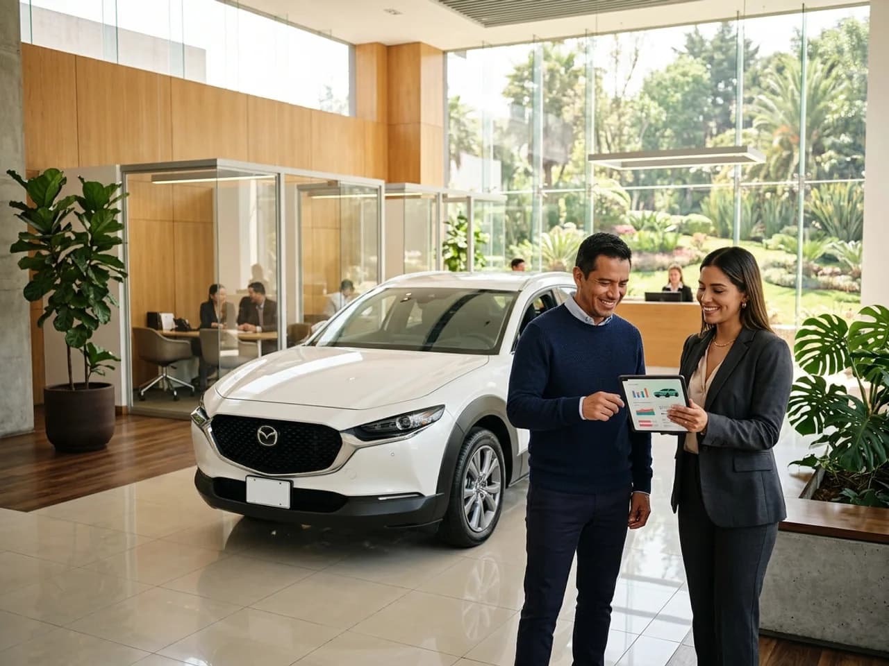 Ejecutivo comercial mostrando la ficha de un vehículo en venta en el salón de exposición