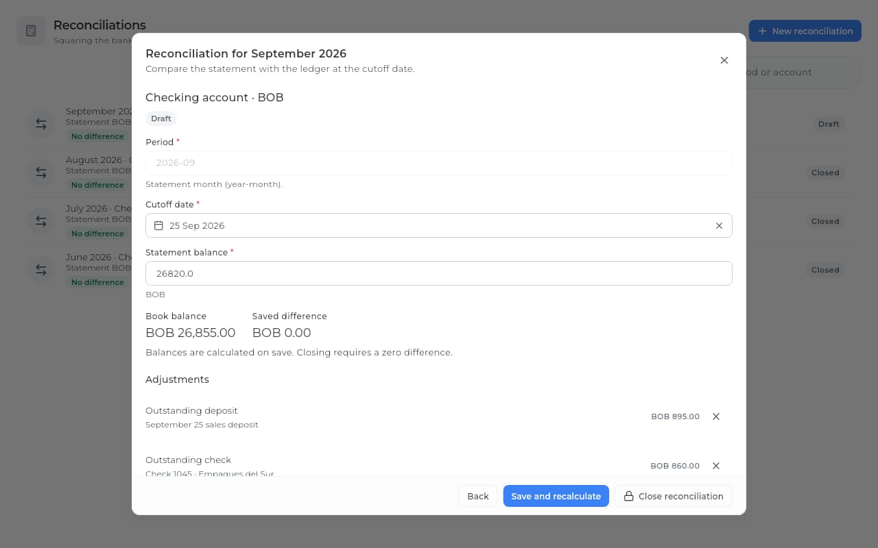 September bank reconciliation in Sice: statement balance, book balance and adjustments for a deposit in transit and an outstanding check.
