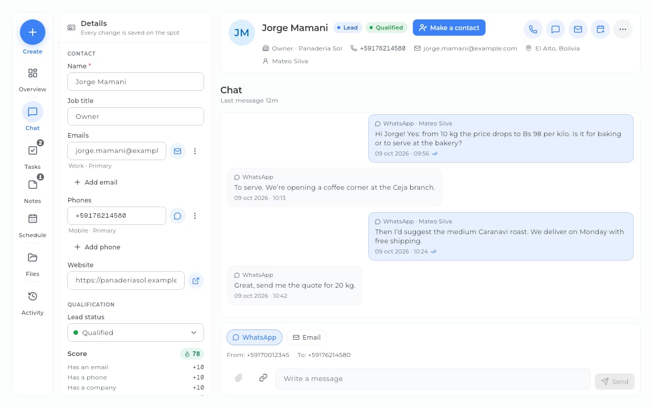 WhatsApp chat inside a contact's record in the Sice CRM, with their score and activity history.