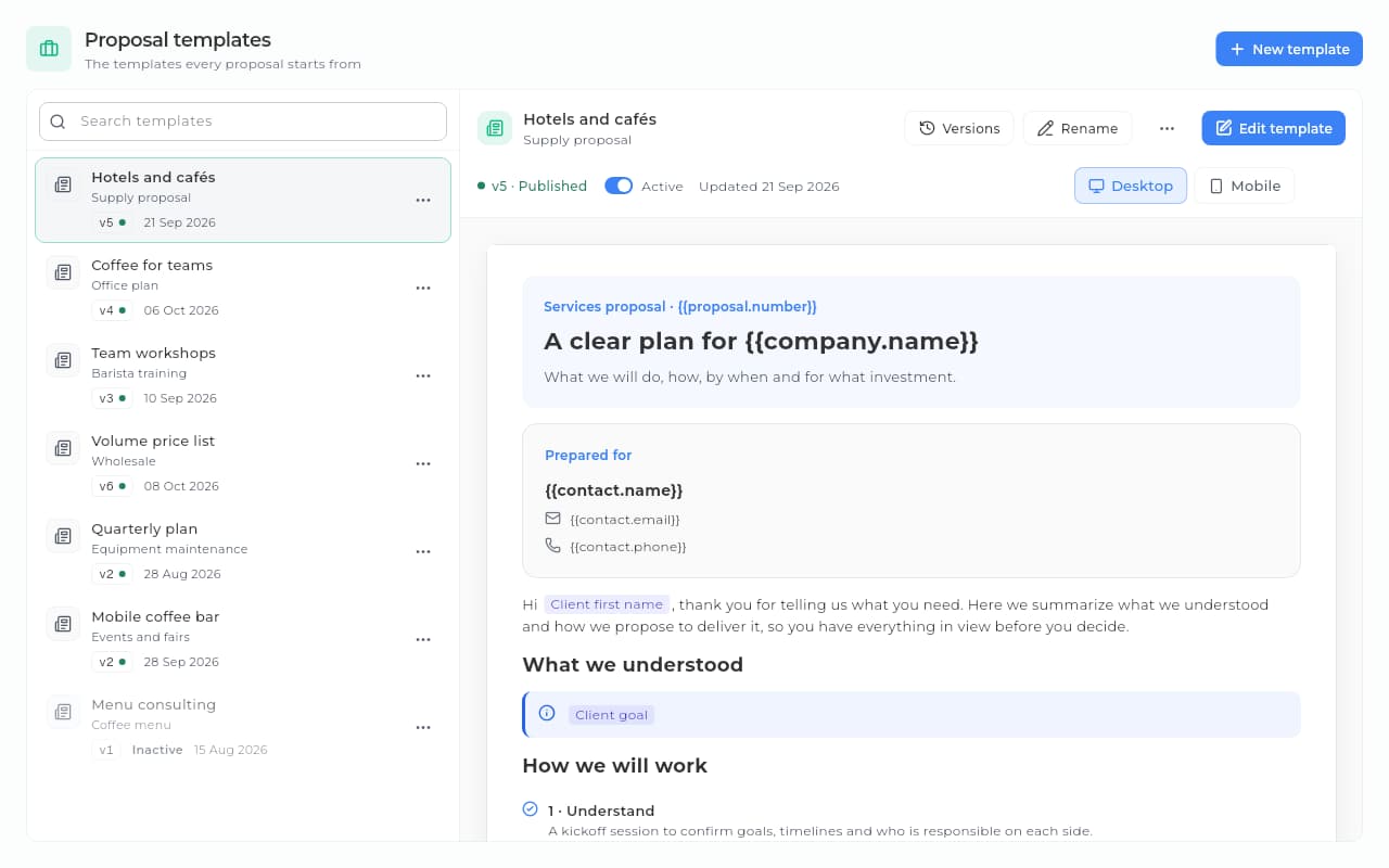 Proposal templates in Sice, each with its published version, and a preview of the selected one.