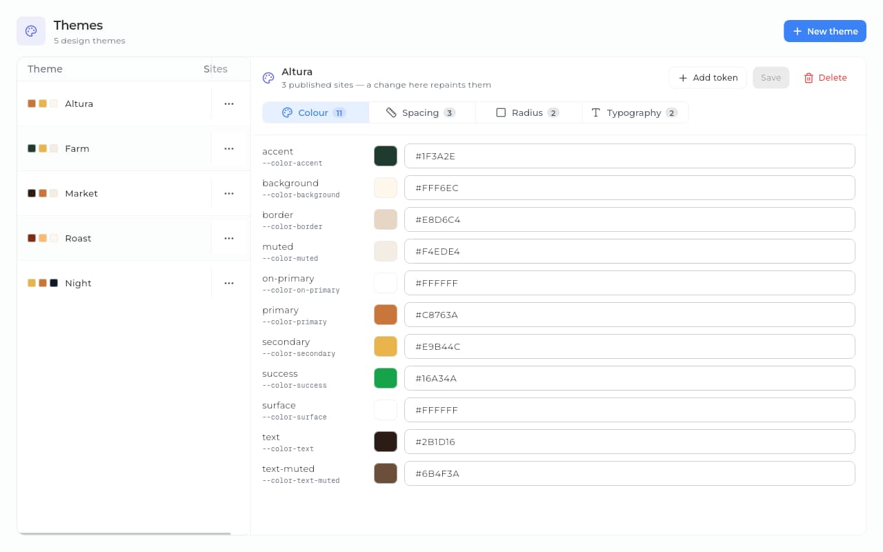 A site theme in Sice with its colors as tokens: background, primary, secondary, surface and text.