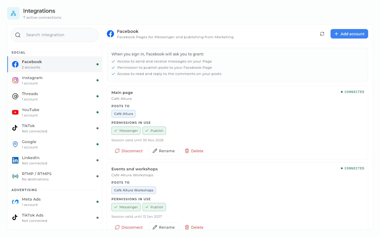 Sice integrations with Facebook connected, its Messenger and publishing permissions, and the list of networks and channels.