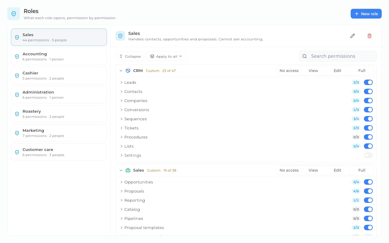Sales role in Sice with its permissions by module and screen: CRM contacts, companies and tickets, and opportunities and proposals in Sales.
