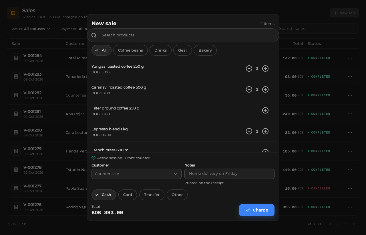 Sice point of sale: a new sale with catalog products, quantities, payment method and total to charge, over the sales history.