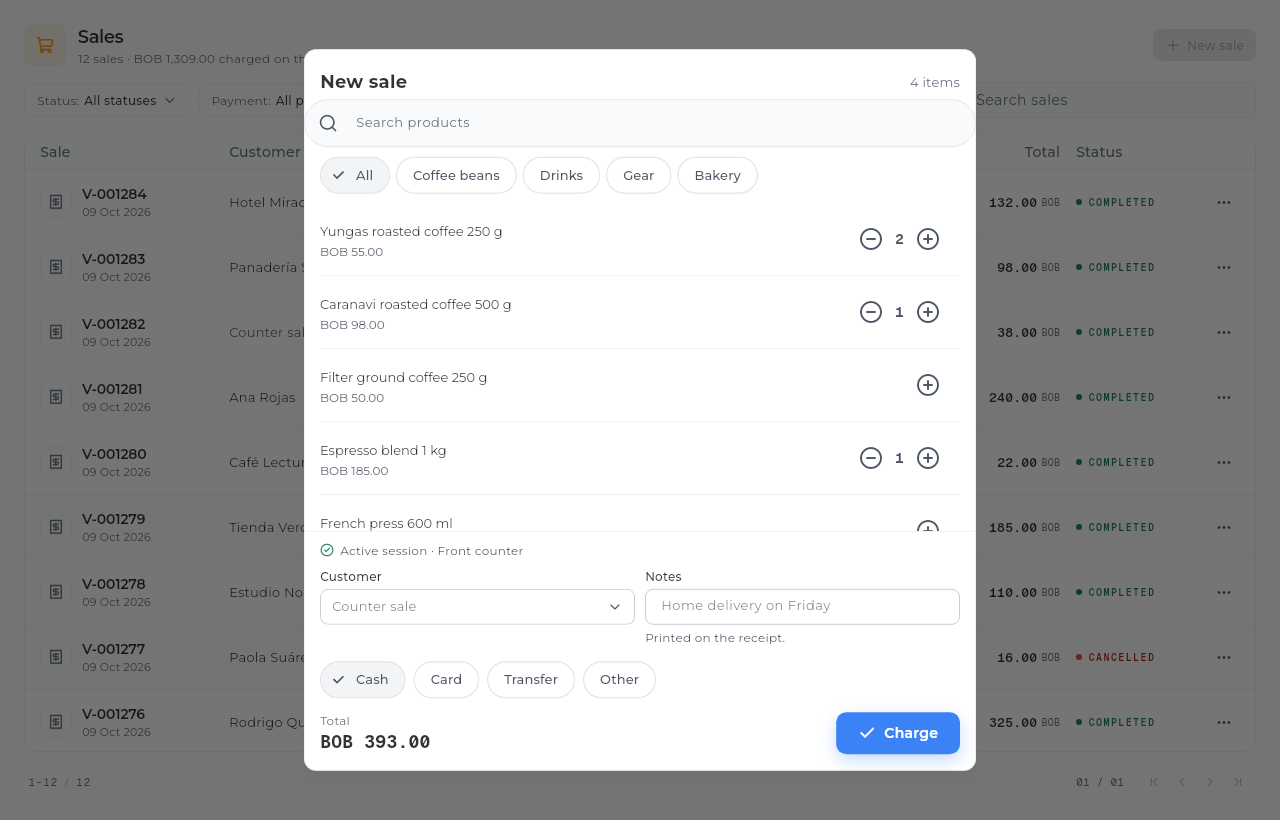 Sice point of sale: a new sale with catalog products, quantities, payment method and total to charge, over the sales history.