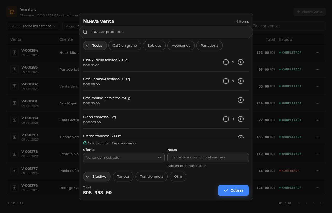 Punto de venta de Sice: una venta nueva con productos del catálogo, cantidades, método de pago y total a cobrar, sobre el historial de ventas.