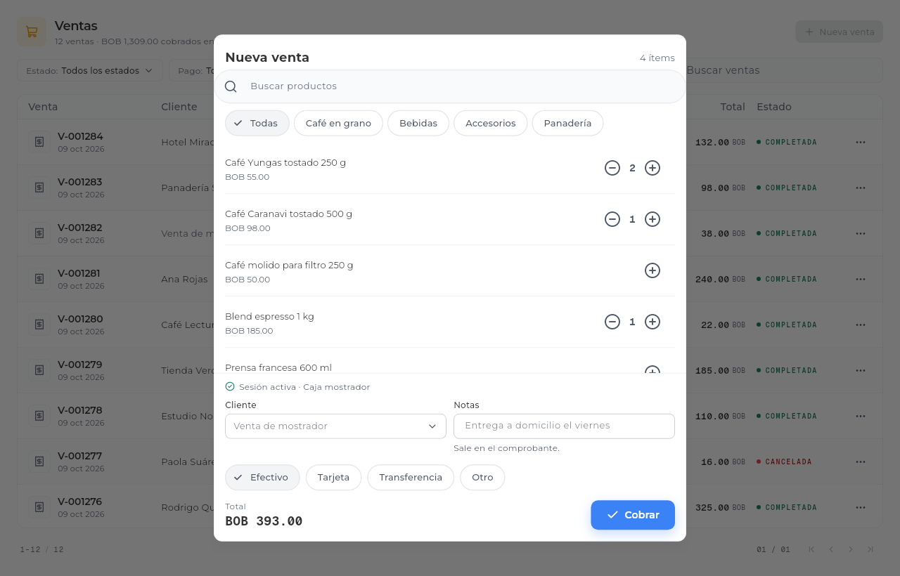Punto de venta de Sice: una venta nueva con productos del catálogo, cantidades, método de pago y total a cobrar, sobre el historial de ventas.