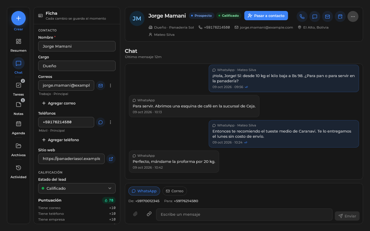 Ficha de un cliente en Sice con sus datos y su conversación de WhatsApp con la tienda.
