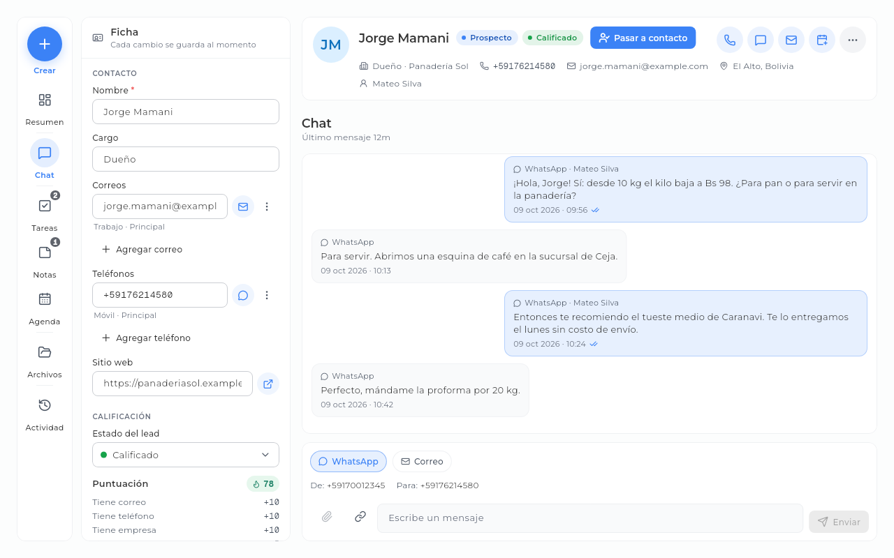 Ficha de un cliente en Sice con sus datos y su conversación de WhatsApp con la tienda.