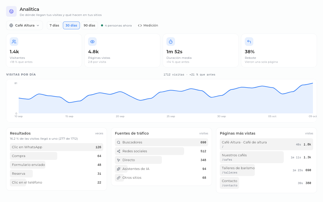 Sice website analytics: visits per day, traffic sources and top pages